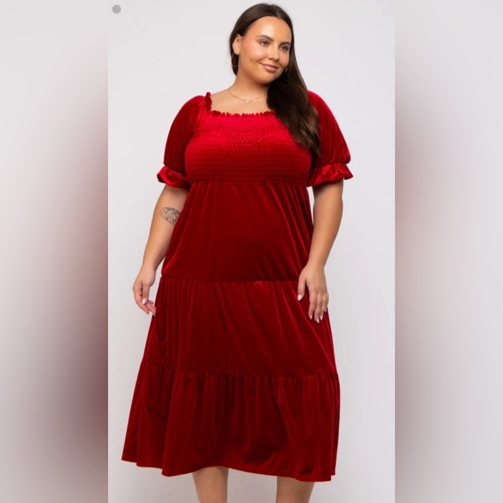 Pinkblush Maternity Red Velvet Tiered Midi Dress NWT